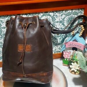Patricia Nash Brown Leather Drawstring Bucket Bag with Adjustable Shoulder Strap